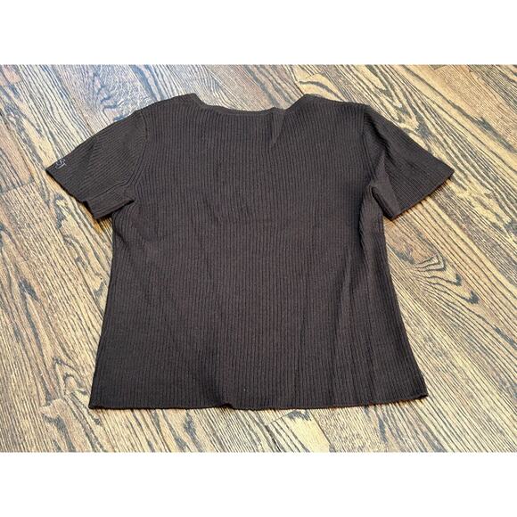 ST. JOHN SPORT Womens Brown Ribbed Wool Scoop Neck Short Sleeve Sweater Size P - Picture 2 of 8